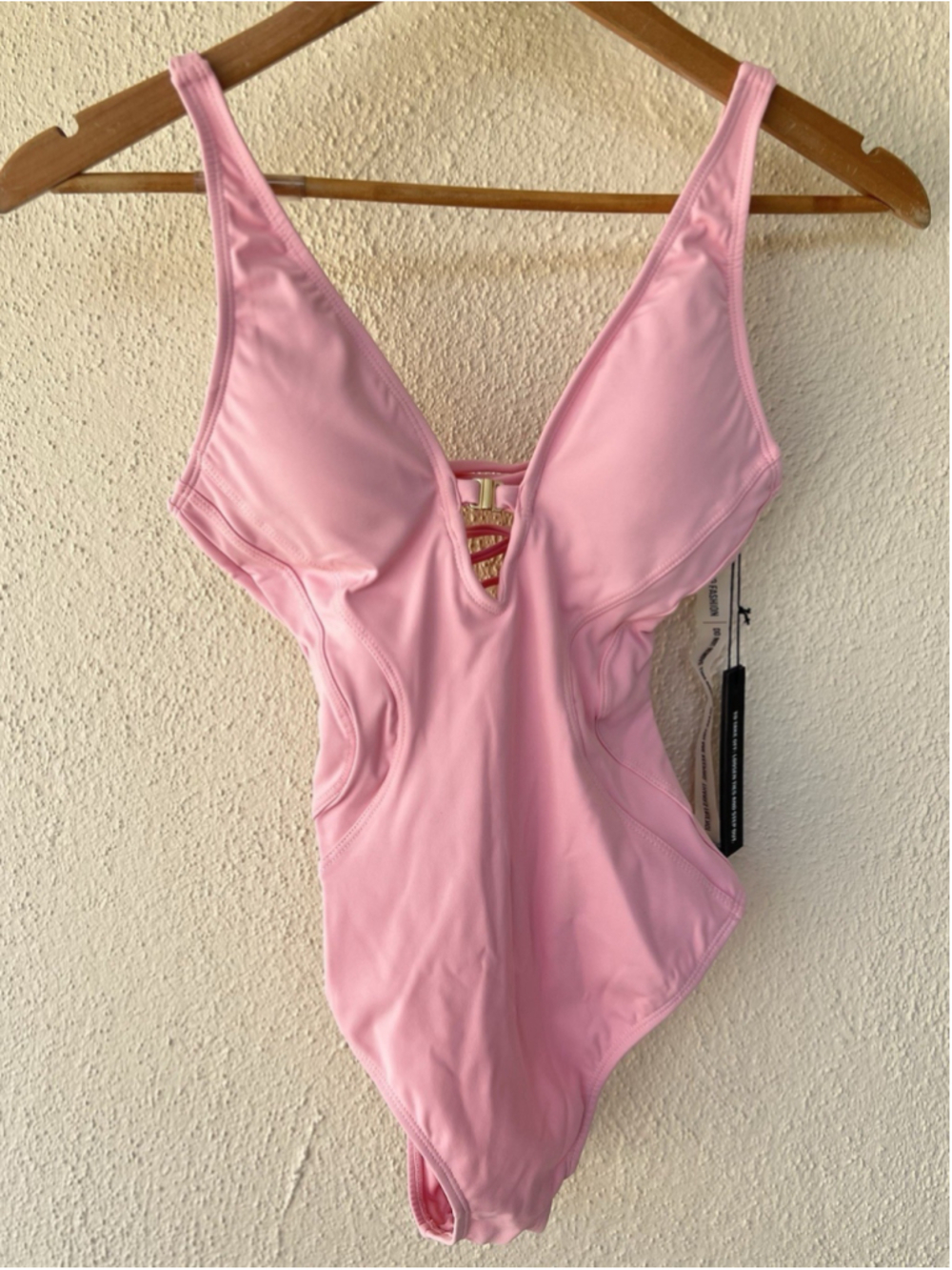 TA3 Brazilian Plungey Keyhole One Piece Swimsuit Flamingo Pink Lace Up XXS Long